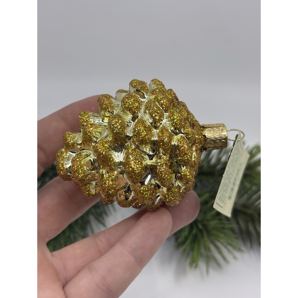 Gold Glass Pine Cone Christmas Ornament  Old World New Tags